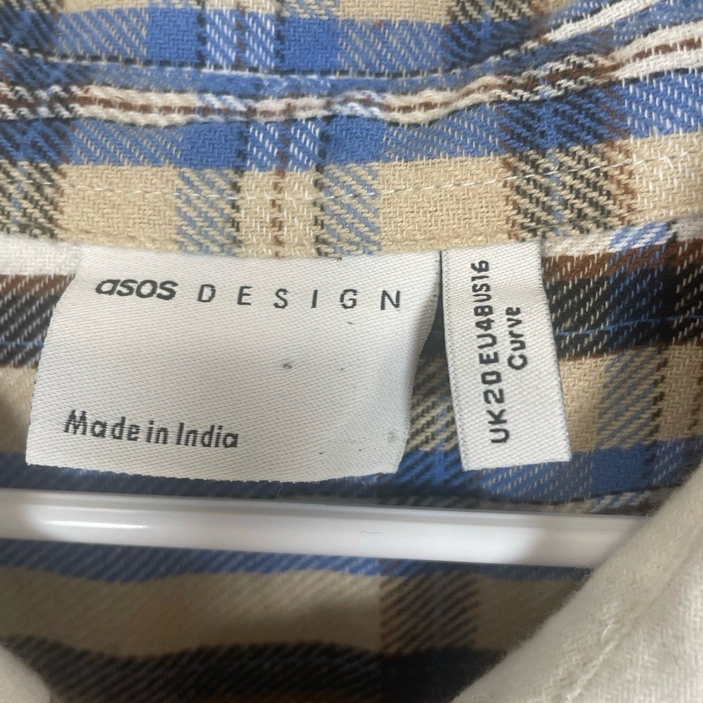 ASOS Curve Oversized Mini Shirt Dress sz 16 NWT Cream Plaid Flannel Long Sleeve - Picture 2 of 9